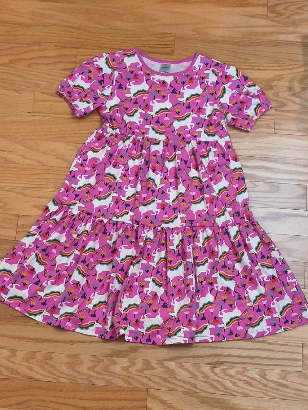 Hanna Andersson Short Sleeve Pink Unicorn Print Tiered Dress Size 12 NWOT